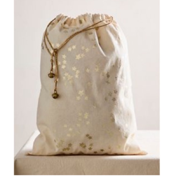 Free People Handbags - Free People Metallic Gold Stars, Drawstrings, & Bells Linen Satchel Bag 12”x16”
